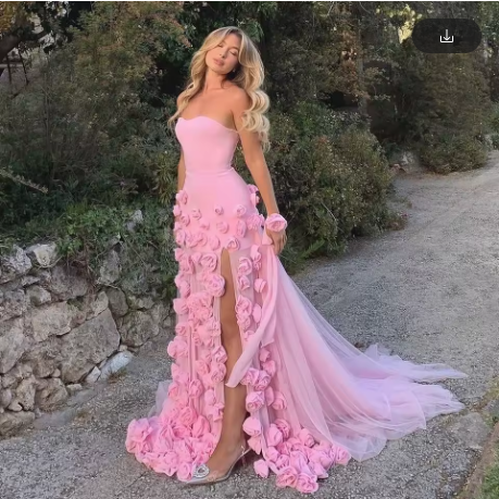 Gorgeous Pink 3D Side Slit With Flower Party Dress