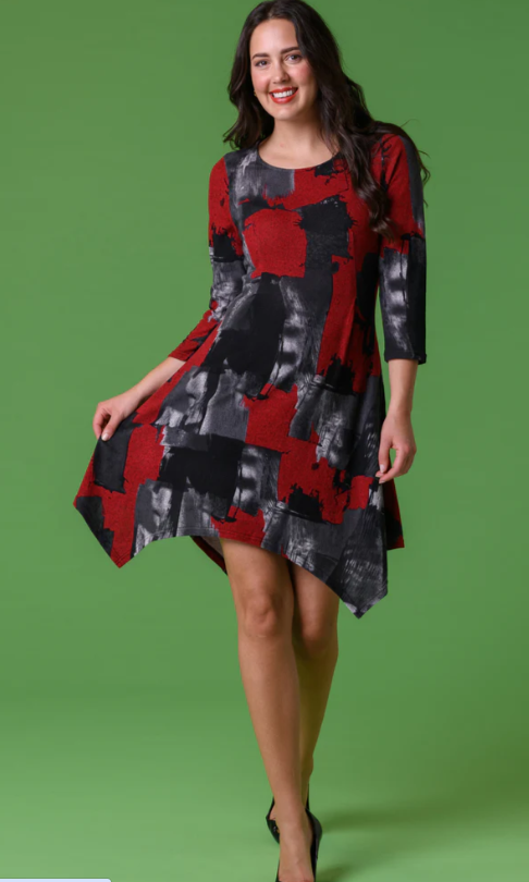 Abstract 3/4 Sleeve Dip Hem Dress